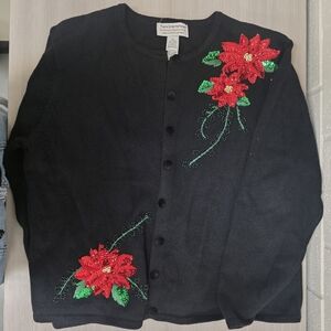 Black Holiday Cardigan with Red Floral Embroidery Size XL
